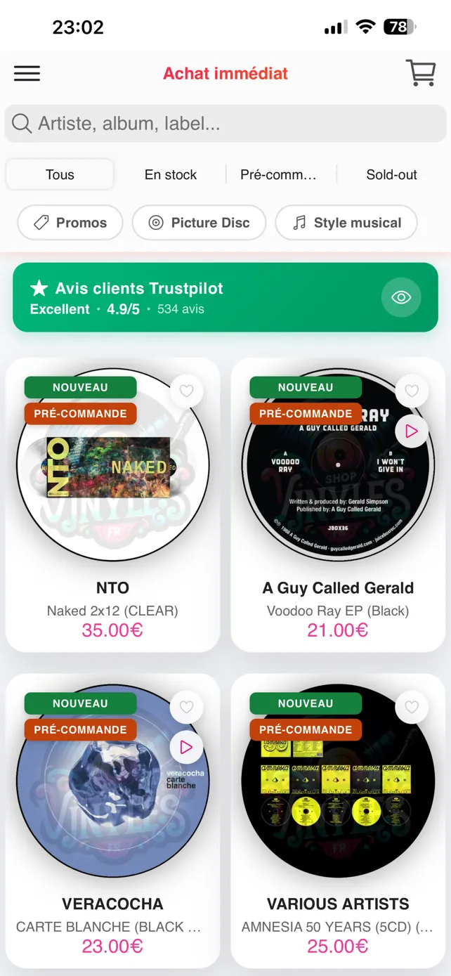 Aperçu de l'application Shop-vinyles.fr